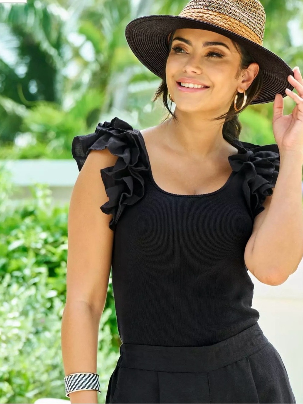 Boston Proper Black Ruffled Shoulder Tank